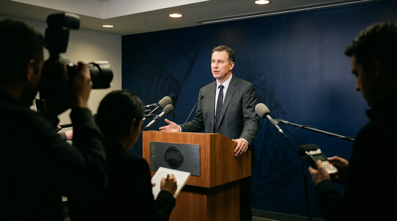 NBA commissioner addressing reporters at a podium during the 2025 integrity press cycle