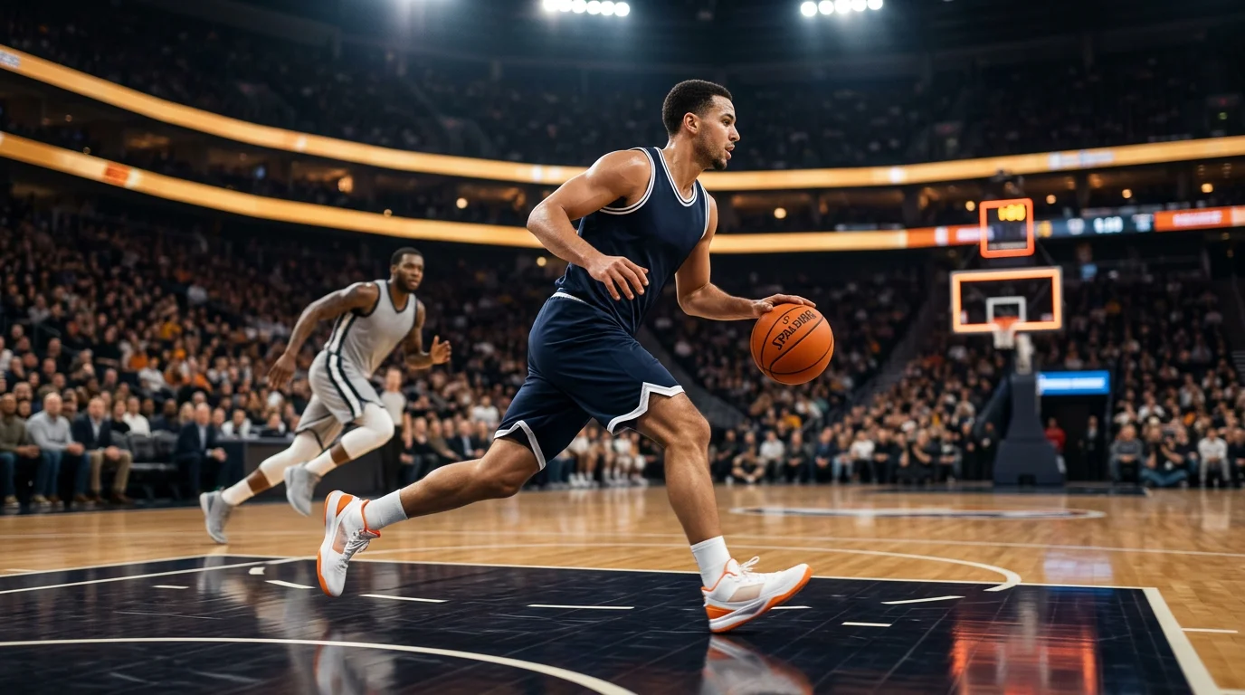 NBA point guard pushing a fast break in transition during a 2025-26 regular season game