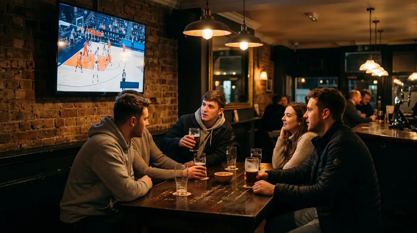 UK basketball fans watching an NBA game in a London sports bar with a 3 am tip-off