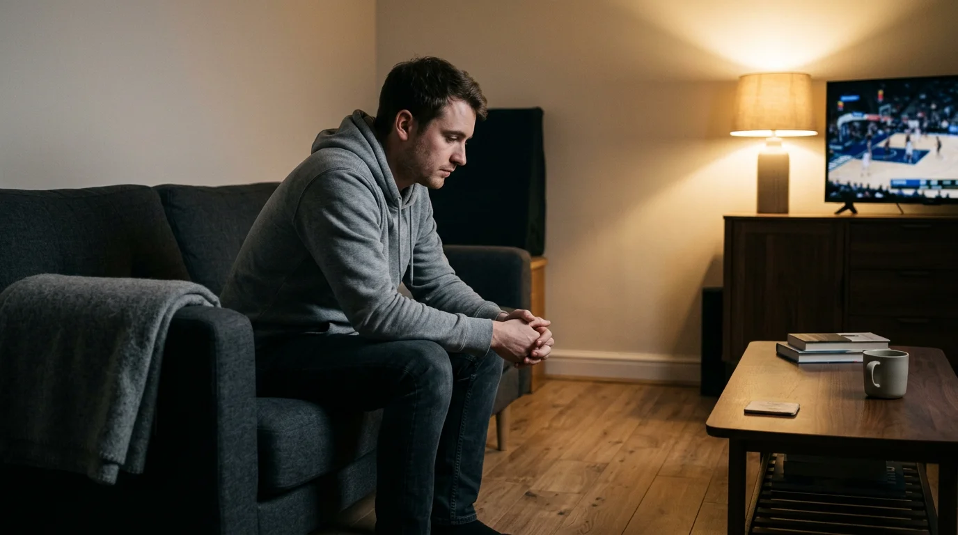 UK punter pausing in a quiet living room before placing a late-night NBA bet